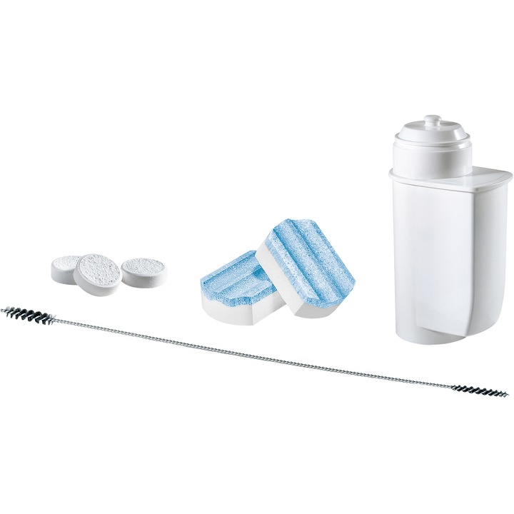 Set de intretinere ce include: 1 filtru apa Brita Intenza, 3 tablete pentru decalcifiere, 10 tablete pentru curatare si 1 perie speciala pentru curatarea dispozitivului de spumare lapte