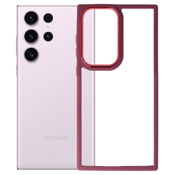 Прозрачен гръб, съвместим със Samsung Galaxy S23 Ultra, твърд поликарбонатен гръб, TPU ръбове, метална рамка на камерата, повдигнати ръбове, защита против удар, тъмнокафяв/прозрачен