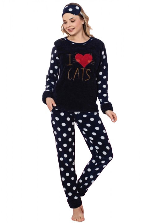 Дамска пижама Cocolino, пухкава и топла, щампа love cats 5211, Тъмносин