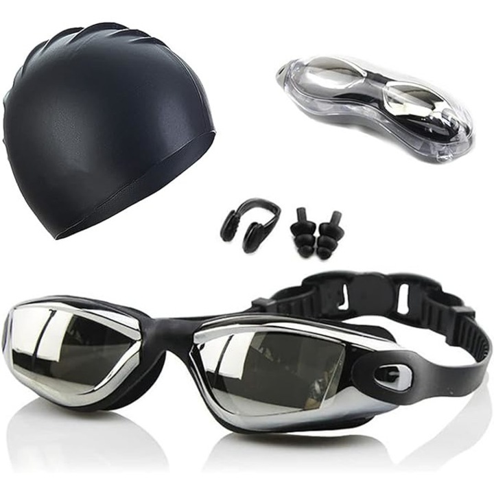 Set complet de inot, contine ochelari anti-aburire si protectie UV, boneta, clips nazal si dopuri pentru urechi, Cafuneplus®, pentru profesionisti si amatori, unisex, Negru