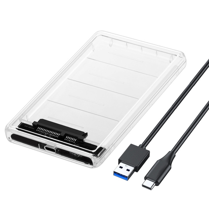 Külső merevlemez ház, USB 3.1, 2.5" SATA HDD, max. 5TB SSD/HDD-vel kompatibilis, átlátszó