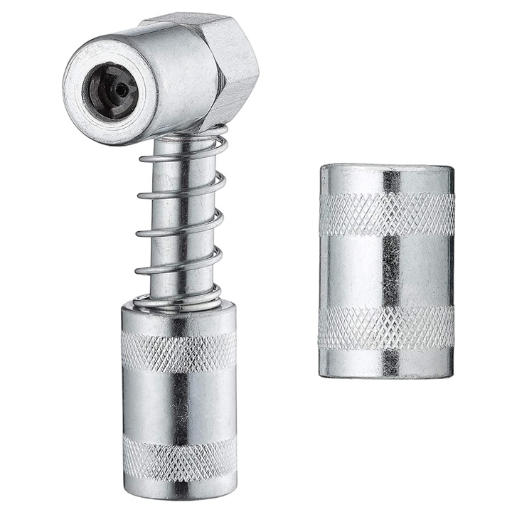 Adapter 90°-os könyökös zsírozáshoz, zsírzópisztolyhoz, szűk helyeken nélkülözhetetlen, zsírzópisztollyal ellátva, amely megkönnyíti a csatlakoztatást