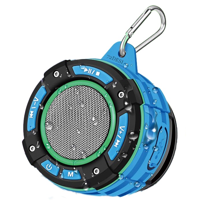 Bluetooth високоговорител с RGB светлини 72DESI, IPX 7 водоустойчив и прахоустойчив, удароустойчив, устойчив на надраскване, катарама за окачване и подвижна вендуза за душ, FM радио, син