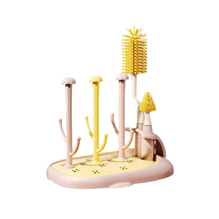 Комплект сушилник за бебешки шишета/четки за почистване Senmase, Полипропилен/ABS, Розов/Жълт