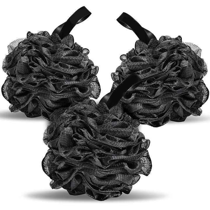 Bureti de baie Regal Bliss ® pentru exfoliere si masaj corporal, material din plasa calitativ, fin si moale in contact cu pielea, indeparteaza delicat si sigur celulele moarte ale pielii, Set 3 buc., Negru