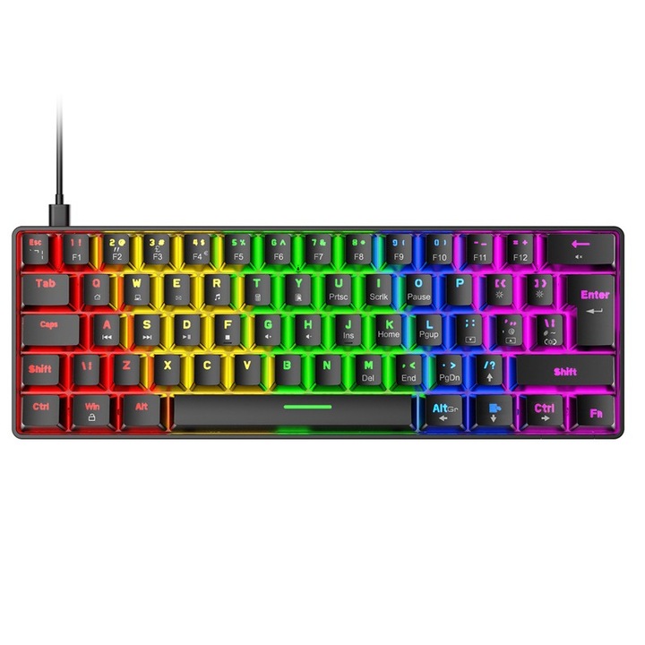 Tastatura Mecanica QttvbTna T60, iluminare RGB personalizabila, compacta, negru, Bluetooth