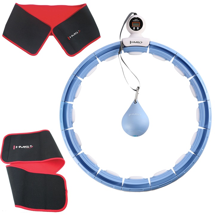 Fitness karika, edzéshez Hula Hoop, Súlyokkal és pulttal, HHM15 KÉK + karcsúsító öv, piros
