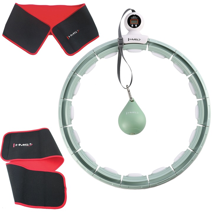 Fitness karika edzéshez Hula Hoop, Súlyokkal és pulttal, HHM15 GREEN + karcsúsító öv, piros