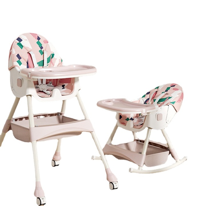 Scaun de Masa Pliabil cu Spatar reglabil KinderVIBE®, 6 Luni +, Multifunctional si Stabil, Tavita si Husa Detasabile si Lavabile, Centura de Siguranta 5 Puncte, Ajustabil pe Inaltime, Balansoar, Cos de Depozitare, Roz maces