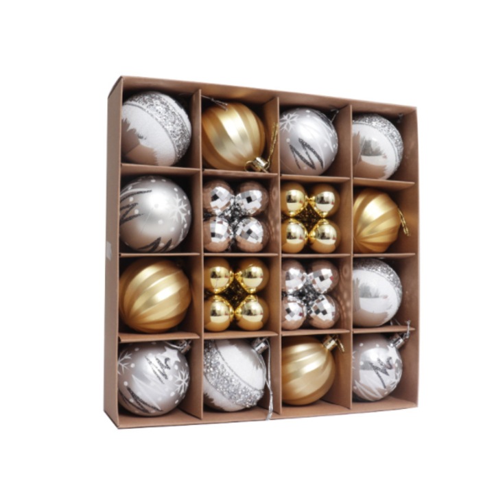 Set 44 de globuri, Dimensiuni multiple, LeXHui, Plastic, Auriu/Argintiu