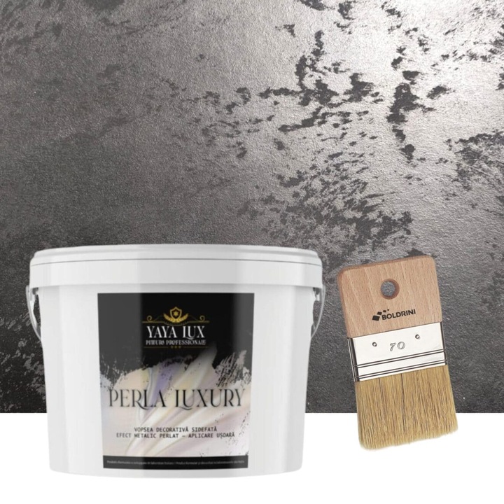 Vopsea decorativa Perla Luxury cu Fulgi Perlati, Negru, 2,5 L si Pensula 70 mm, YaYa Color