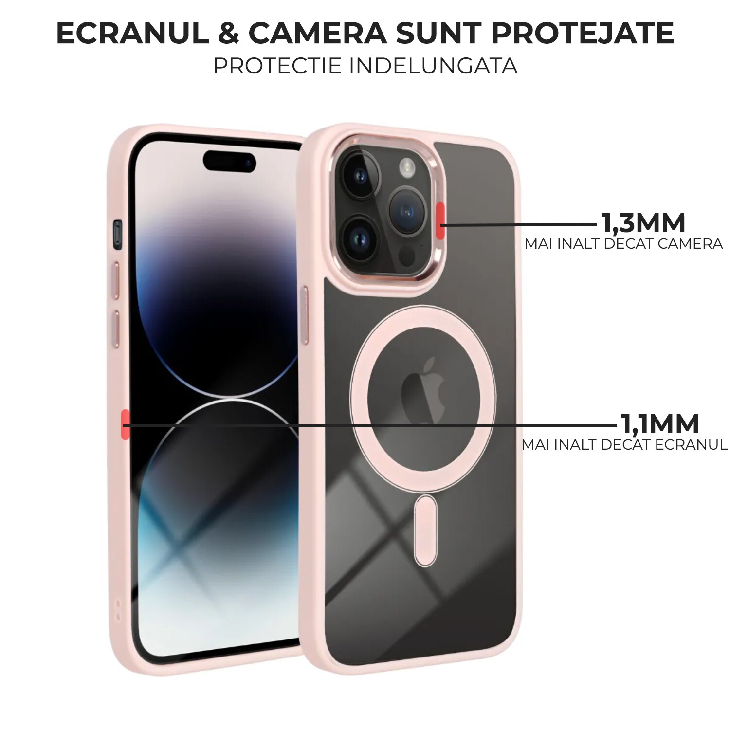 Husa pentru iPhone 15 Premium Magcover Edge, Magsafe integrat, Calitate superioara, Antisoc, Protectie colturi, Transparenta cu margini Roz