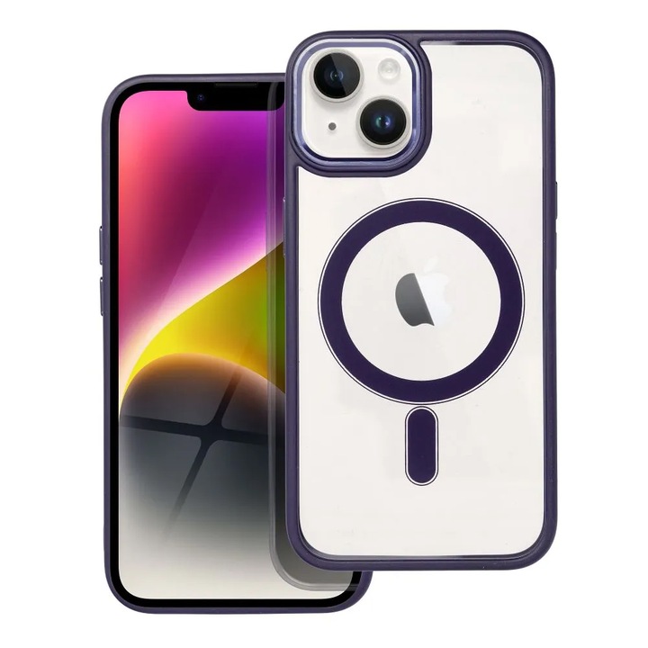 Husa pentru iPhone 15 Premium Magcover Edge, Magsafe integrat, Calitate superioara, Antisoc, Protectie colturi, Transparenta cu margini Mov