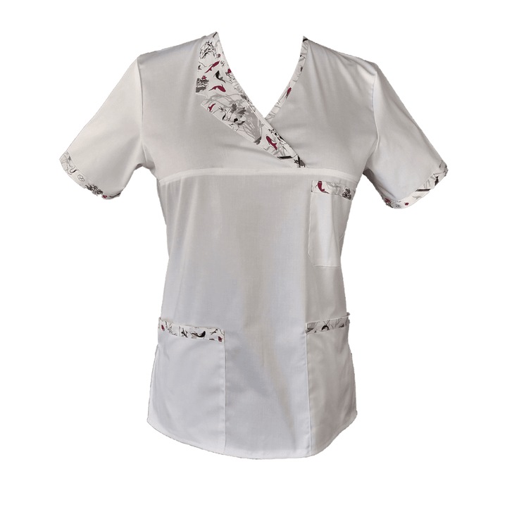 Halat Medical dama, Pe Stil, Model Nicoleta, Paspoal si Garnitura Stil Japonez, Poliester/Bumbac/Elastan, Alb, XS INTL