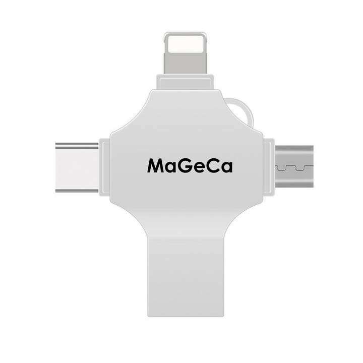 Памет MaGeCa Memory Stick, 64 GB, 4 в 1 Multi-port, USB 3.0/ USB Type-C/ Lightning/ Micro-USB, съвместим с iPhone/ Android, 80 MB/s скорост на трансфер на данни и четене, сребрист