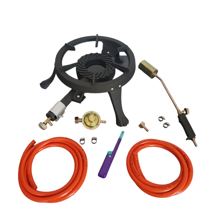 Pachet arzator, pirostrie din fonta, diametru 33cm cu ceas butelie, arzator de mana, 4 m furtun, 4 coliere, piulita butelie si aprinzator gaz reancarcabil