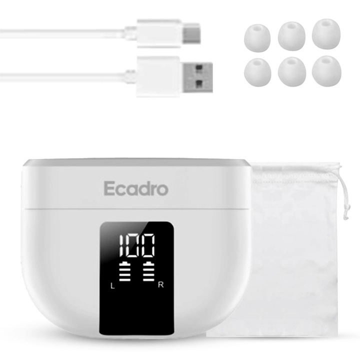 Ecadro Vezeték nélküli fülhallgató, Bluetooth 5.2, QI töltés, IPX5 vízálló, érintésvezérlés, USB-C, aktív zajszűrés, dupla ENC, bársonyos tárolótok, 6 tartalék csatlakozó, fehér