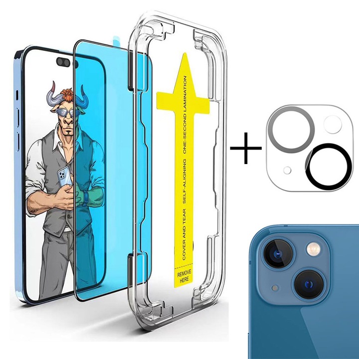 Set 2 folii protectie telefon, Pentru ecran/camera, Compatibil cu iPhone 15 Plus, Usor de instalat in 30 de secunde cu dispozitivul de potrivire automata, Transparent