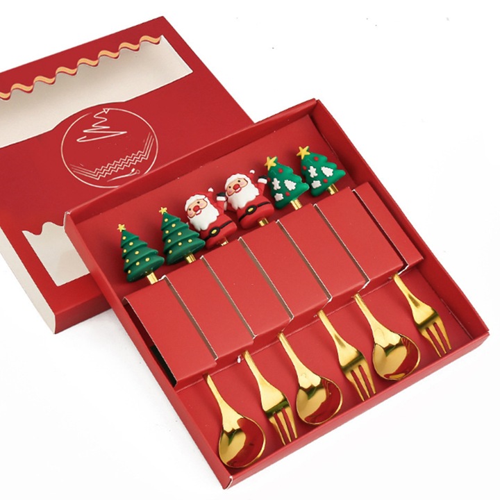 Set tacamuri pentru desert, Model de Craciun, Otel inoxidabil, 3 Persoane, Multicolor