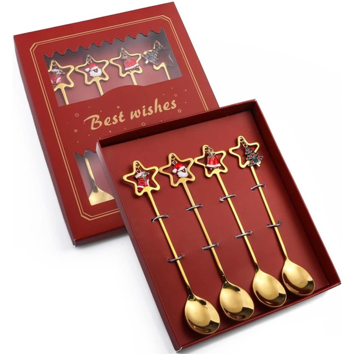 Set 4 lingurite cafea, Model de Craciun, Otel inoxidabil, Multicolor