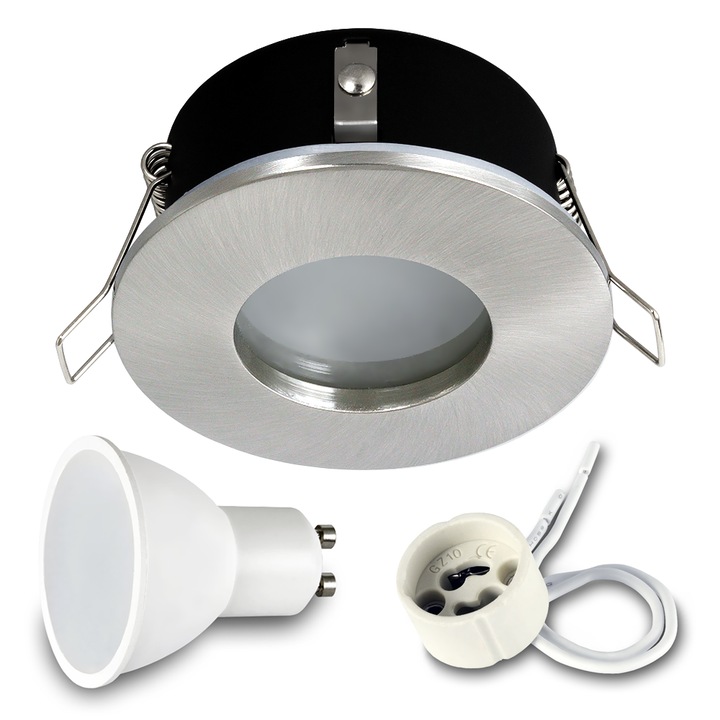 Modern IP44 LED lámpa, 7W GU10, szatén nikkel burkolat, 8, 3 cm átmérő, 230V, fényforrás a csomagban