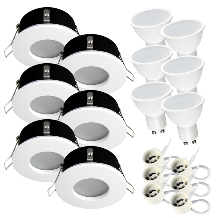 Modern fehér IP44 lámpa, 7W GU10 izzóval, fém és műanyag, 8, 3 cm átmérő, 4 cm magasság, 230V tápellátás