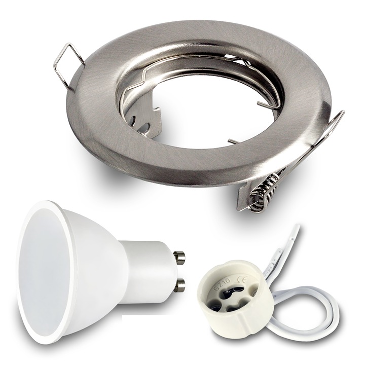 Modern 7W GU10 lámpa, IP20 védettség, szatén nikkel ház, 8, 2 cm átmérő, alumínium öntvény, 230V, fényforrás a csomagban
