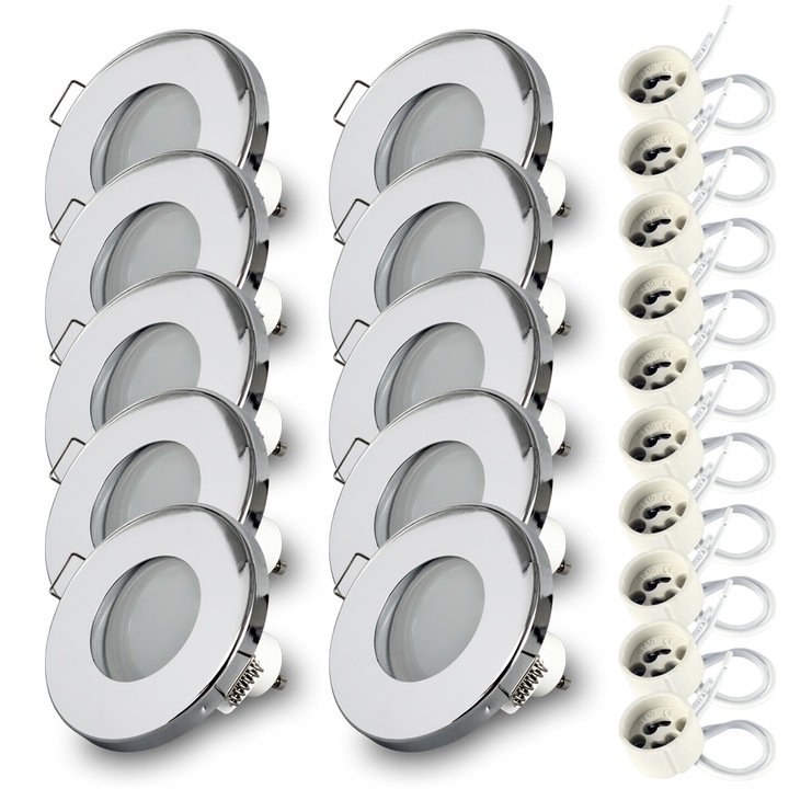 Комплект от 10 спота, Kwazar, метал, RIK-6, влагоустойчив IP44, 7 W, 3000 K, сребрист