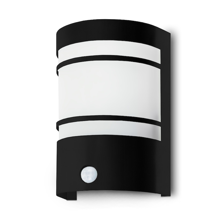 Kültéri fali lámpa a homlokzathoz mozgás- és szürkületérzékelővel, Kwazar, Acél, E27, IP44, MEGAN-S, Fekete