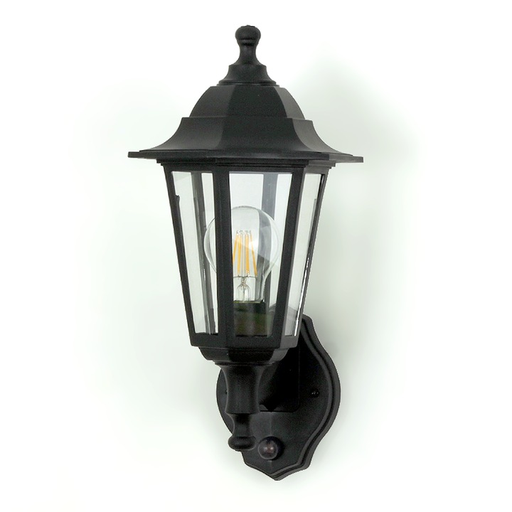 Lampa Retro Kwazar cu Senor de Miscare IP44, 60W, 2m Raza de Detectie, Abajur Transparent, Negru