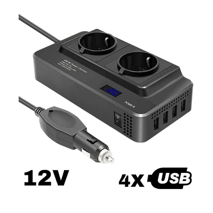 Invertor de Tensiune 12V de la Priza Auto la Priza EU Dubla 230V, Putere 400W, 4 x Porturi USB, 5.4A, Suport PD, Afisaj Digital