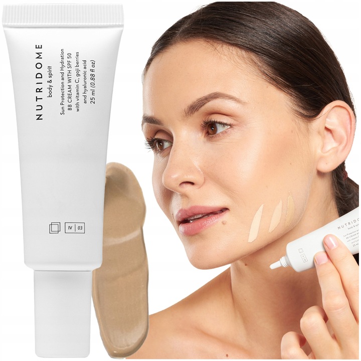 Crema BB, Nutridome, 03 Light Beige, SPF 50, Hidratanta, Protector, Acoperire, Cu Acid Hialuronic, Ulei De Macadamia, Squalan, Vitamina C, 25 ml
