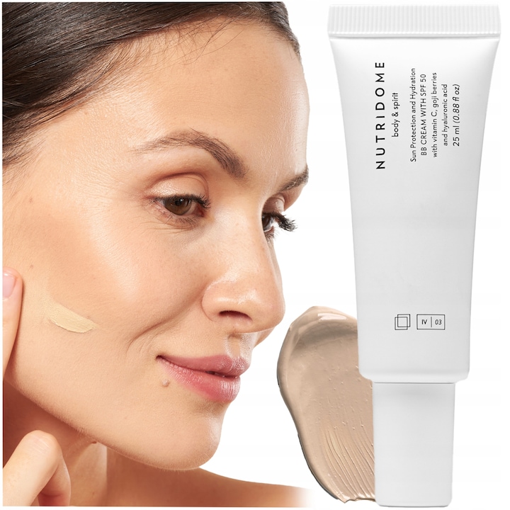 Crema BB, Nutridome, 01 Ivory, SPF 50, Hidratanta, Protector, Acoperire, Cu Acid Hialuronic, Ulei De Macadamia, Squalan, Vitamina C, 25 ml