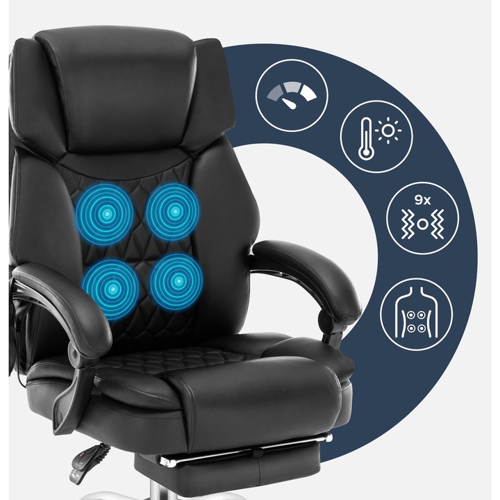 Scaun de birou cu masaj Mark Adler Boss 6.0, 4 puncte masaj, 9 moduri vibratie, 3 niveluri intensitate, functie de incalzire, suport picioare extensibil, spatar ergonomic rabatabil SeatRest, piele PU HD, telecomanda, timer, max 130 kg, Negru