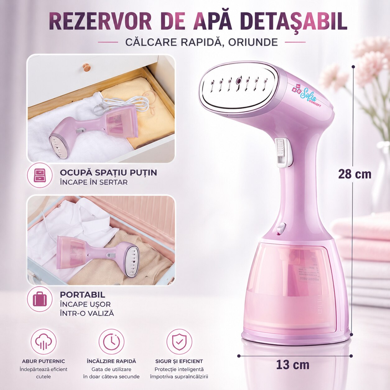 Aparat de Calcat Vertical Portabil Sofia CONCEPT®, 1500W, Debit de Abur 32 g/min, Vaporizator Rapid in 15 s cu Incalzitor de Aluminiu, Rezervor Detasabil 350ml, Purple Sky