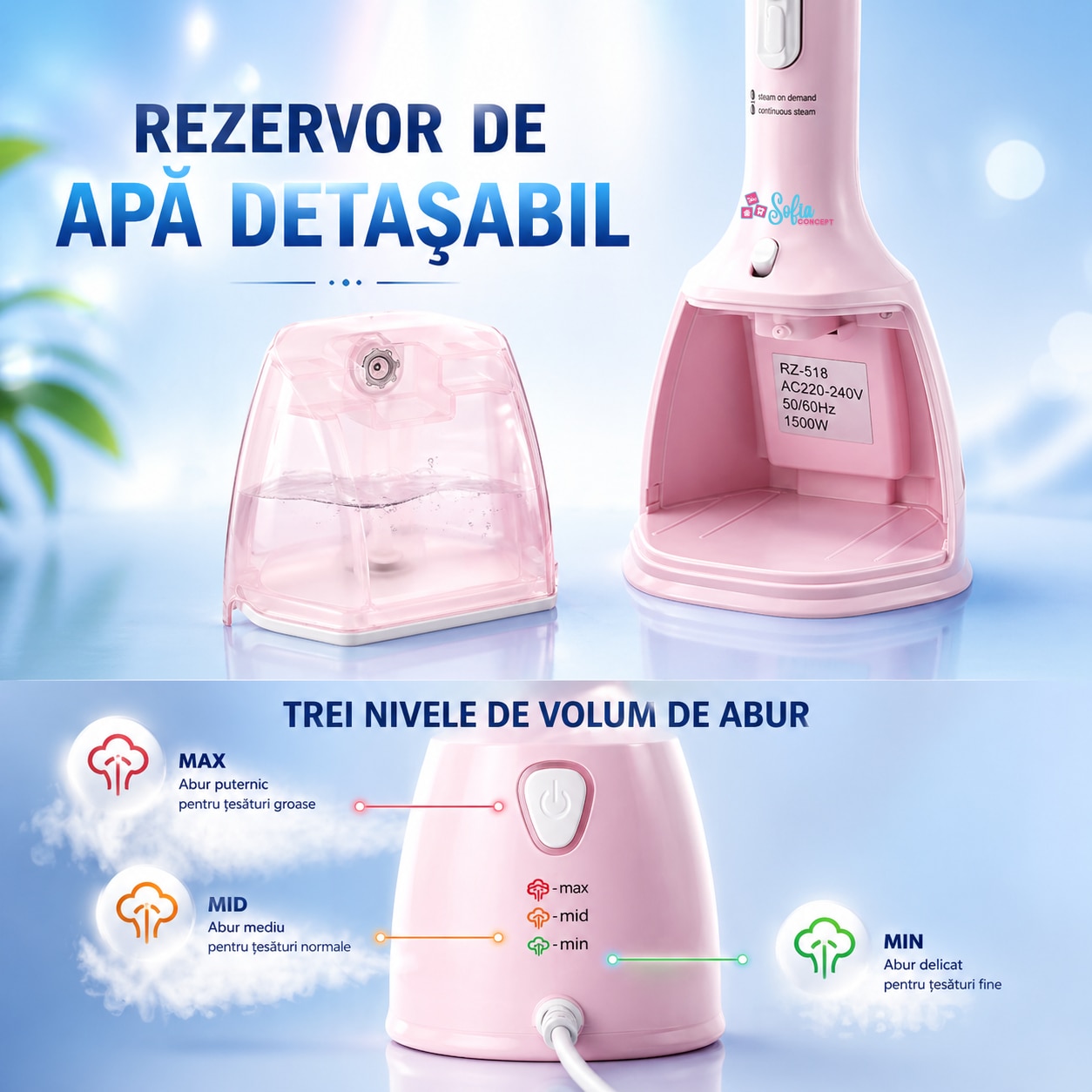 Aparat de Calcat Vertical Portabil Sofia CONCEPT®, 1500W, Debit de Abur 32 g/min, Vaporizator Rapid in 15 s cu Incalzitor de Aluminiu, Rezervor Detasabil 350ml, Purple Sky