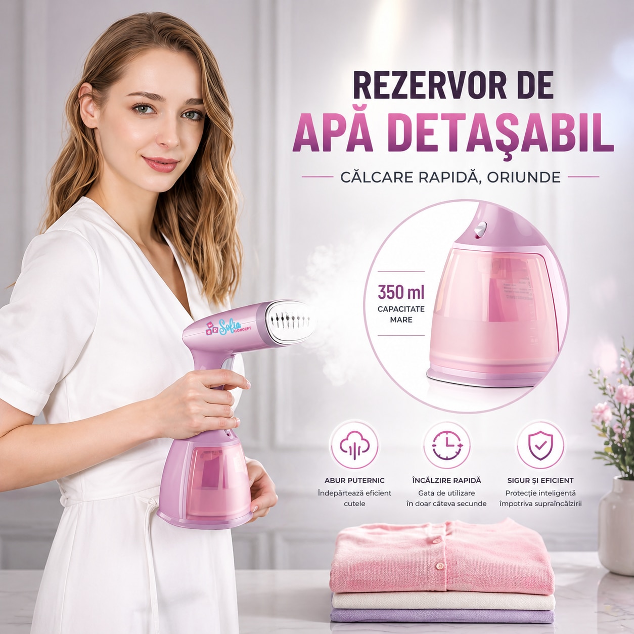 Aparat de Calcat Vertical Portabil Sofia CONCEPT®, 1500W, Debit de Abur 32 g/min, Vaporizator Rapid in 15 s cu Incalzitor de Aluminiu, Rezervor Detasabil 350ml, Purple Sky
