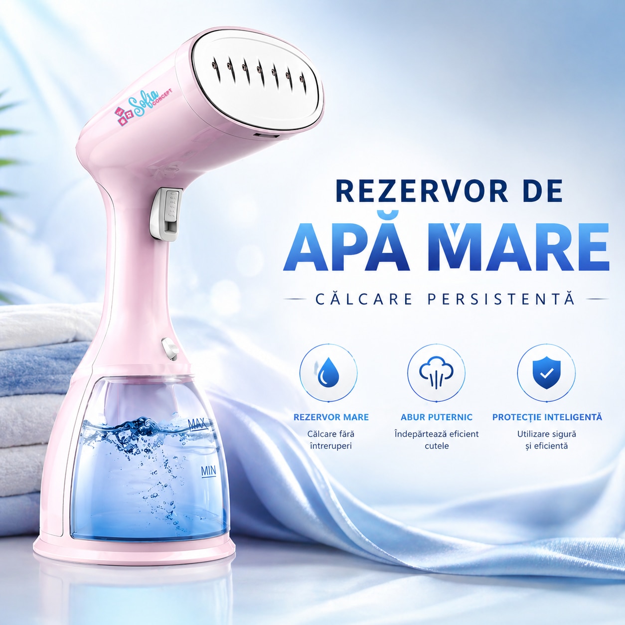 Aparat de Calcat Vertical Portabil Sofia CONCEPT®, 1500W, Debit de Abur 32 g/min, Vaporizator Rapid in 15 s cu Incalzitor de Aluminiu, Rezervor Detasabil 350ml, Purple Sky