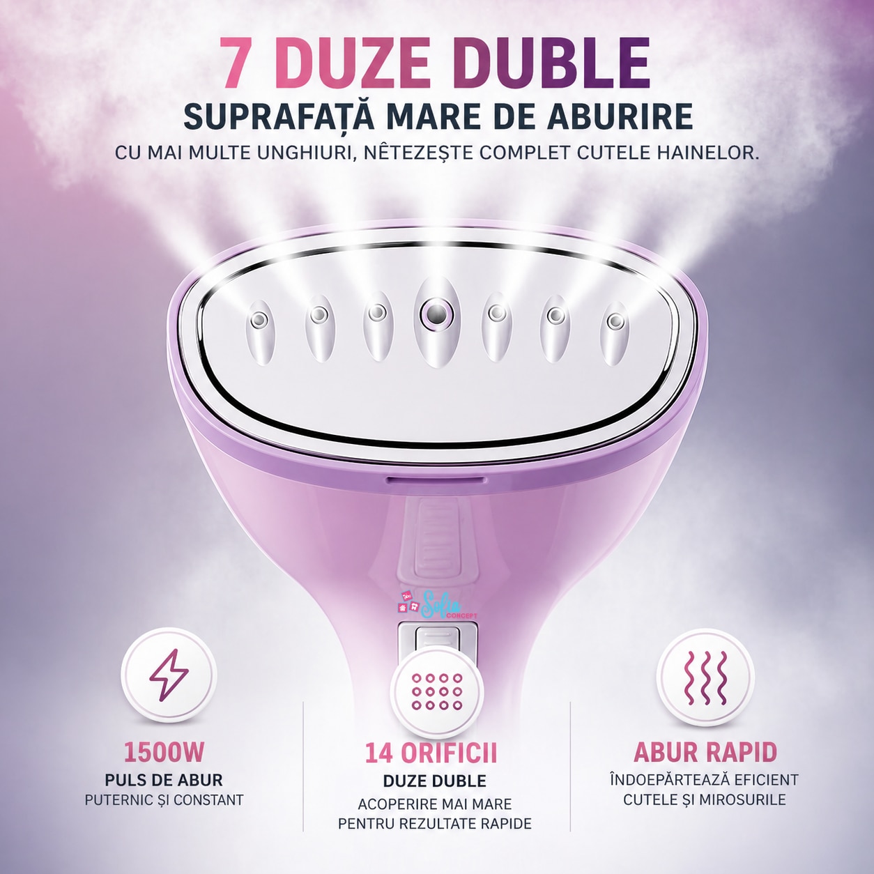 Aparat de Calcat Vertical Portabil Sofia CONCEPT®, 1500W, Debit de Abur 32 g/min, Vaporizator Rapid in 15 s cu Incalzitor de Aluminiu, Rezervor Detasabil 350ml, Purple Sky