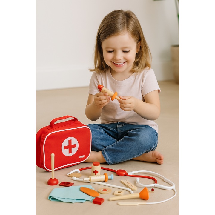 Trusa medicala pentru Copii din Lemn Premium idealSTORE, Include accesorii medicale si Geanta de Depozitare, Pastile, Termometru, Seringa, Stetoscop, Joc creativ, Ajuta la dezvoltarea imaginatiei copilului