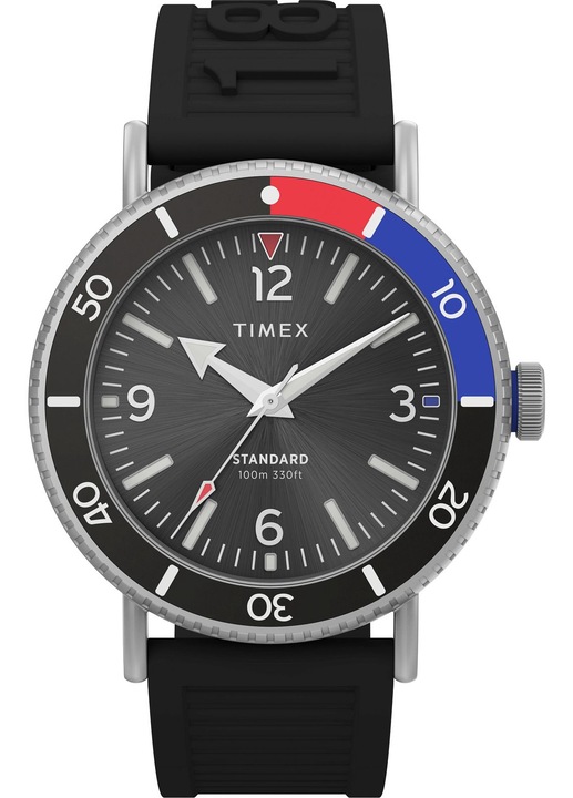 Мъжки часовник Standard Driver, Timex, метал/гума, водоустойчив, черен, 43 mm