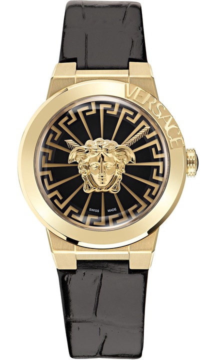 Дамски часовник Versace Medusa Infinite, Неръждаема стомана, Естествена кожа, Златист/Черен, 38 мм