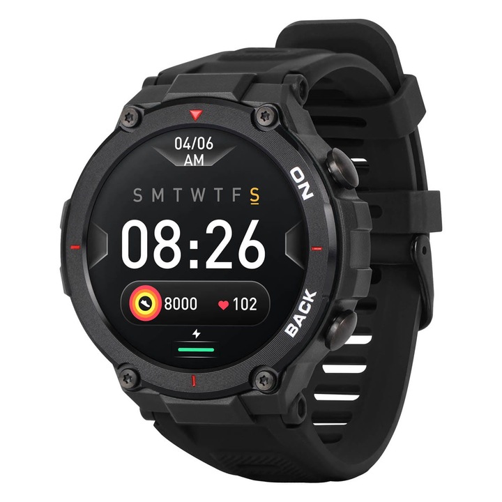 Smartwatch barbati, Garett, Ecran tactil, 1.3", Monitorizare somn, Plastic/Silicon/Sticla, Negru