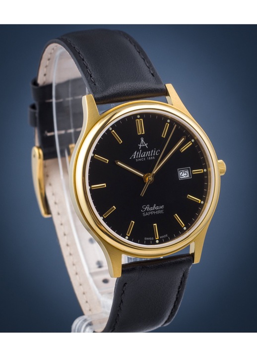 Мъжки часовник, Atlantic, Кожа, Черен/Златен