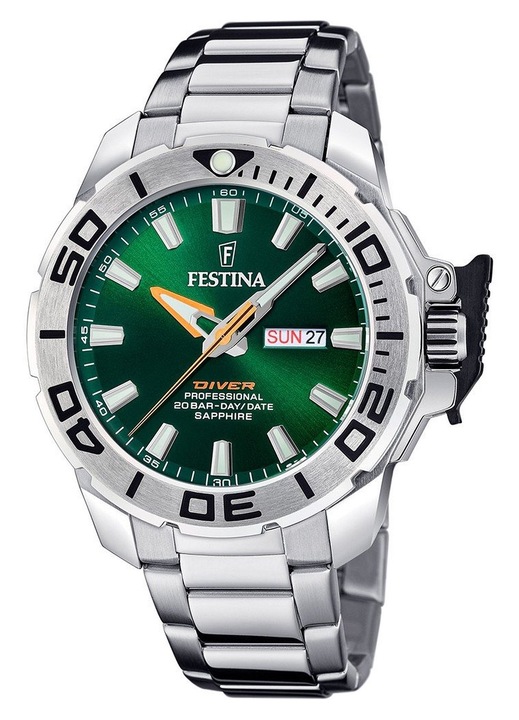 Мъжки часовник, Festina, Кварц, Водоустойчив, Дисплей за дата, Неръждаема стомана, Сребрист/Зелен