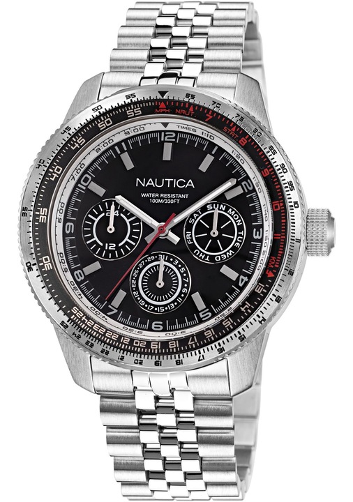 Ceas barbati, Nautica, Quartz, Afisare data, Rezistent la apa, Inox, Argintiu