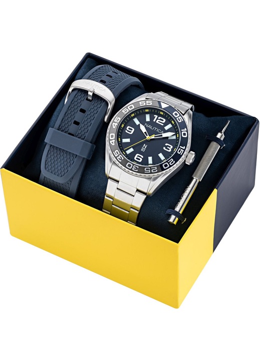 Ceas barbati, Nautica, Quartz, Curea rezerva inclusa, Inox, Argintiu/Albastru