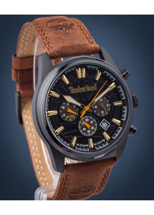 Мъжки часовник, Timberland, неръждаема стомана/естествена кожа, кварцов модел, кафяв, 45 мм
