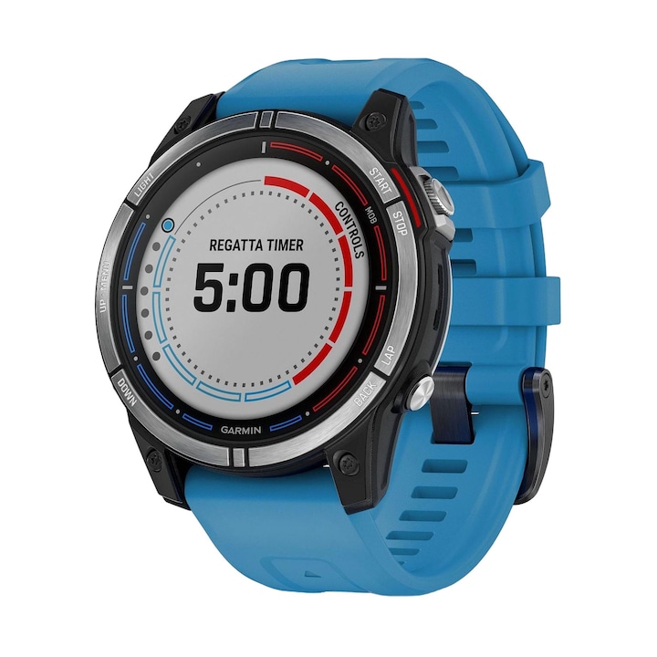 Смарт часовник, Garmin, Сензорен екран, Водоустойчив, Спортни функции, Стъкло/Титан/Силикон, Син