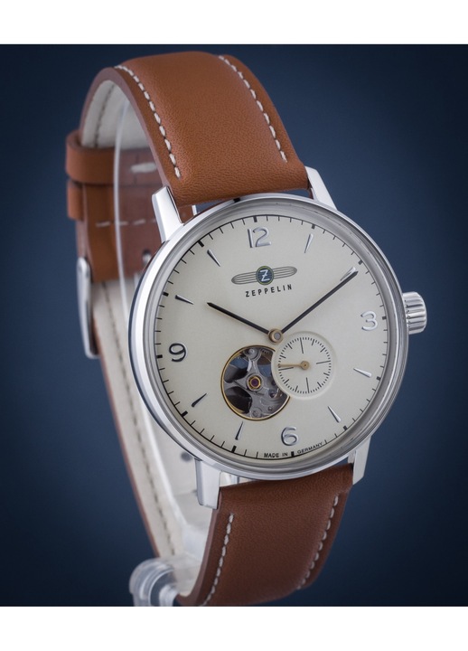 Мъжки часовник Zeppelin, Неръждаема стомана/Естествена кожа, Автоматичен, Кафяв, 41 мм